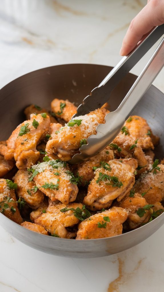 A large bowl filled with crispy garlic Parmesan chicken wings, topped with freshly grated Parmesan and chopped parsley