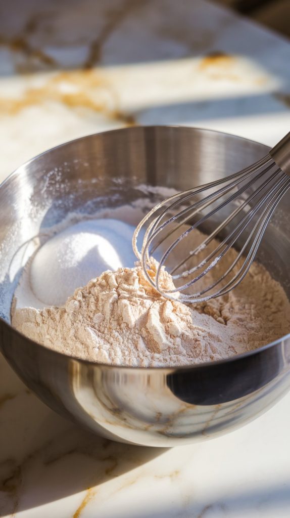 A large mixing bowl with flour, sugar, baking soda, and salt being whisked together