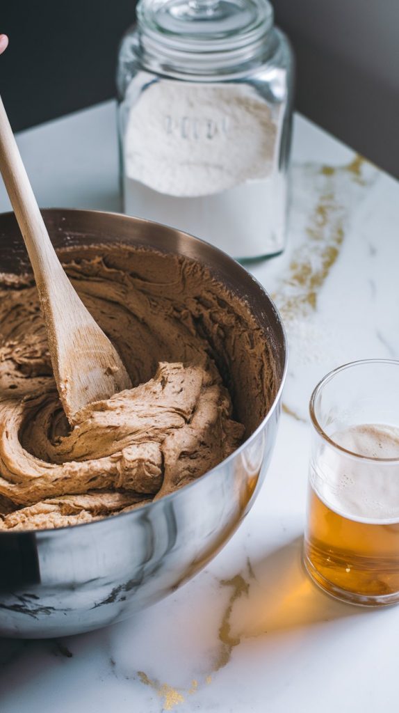 A large mixing bowl with thick, sticky dough being stirred with a wooden spoon