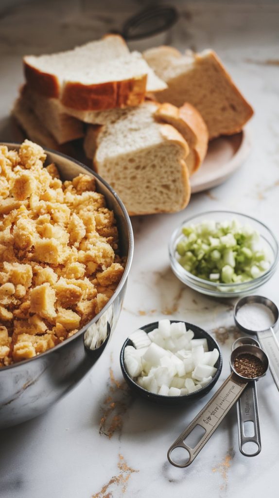  large mixing bowl filled with crumbled cornbread, torn pieces of white bread beside it