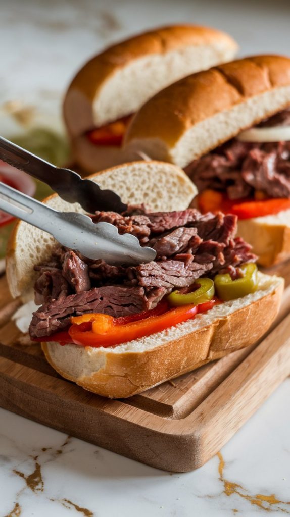 a wooden cutting board with open toasted hoagie rolls