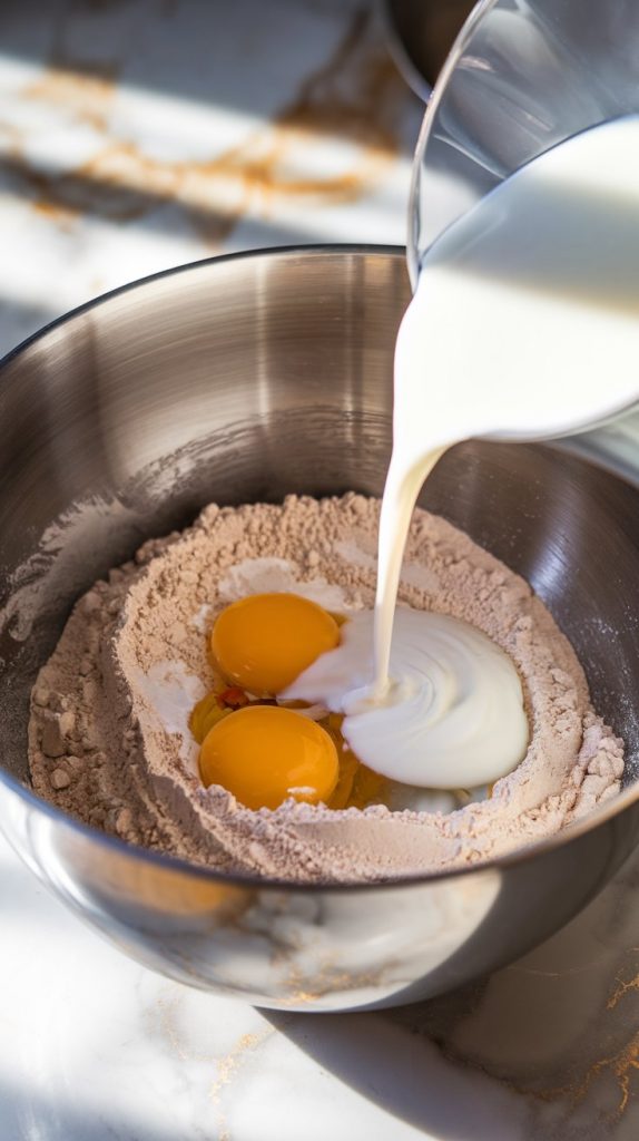 cracked eggs, milk, and sour cream being added into the dry ingredients in the bowl