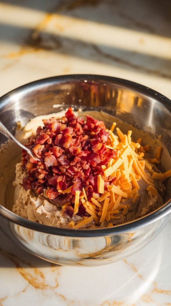 crumbled bacon and shredded cheddar cheese being added into the batter and stirred together in the bowl