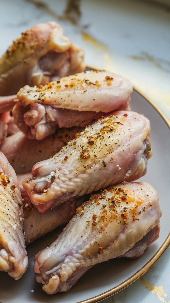 raw chicken wings on a plate, sprinkled with salt, pepper, and garlic powder