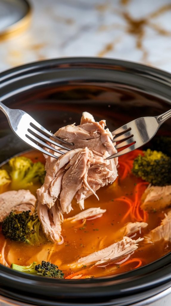 Shredded chicken being added back into the slow cooker using two forks