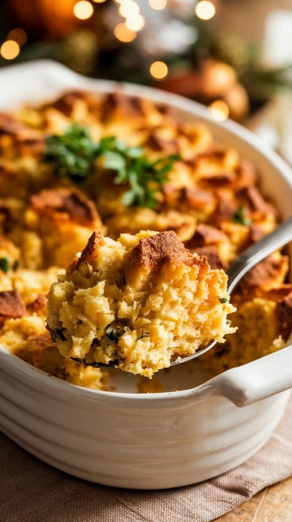 A warm, golden-brown slow cooker cornbread dressing in a white oval serving dish