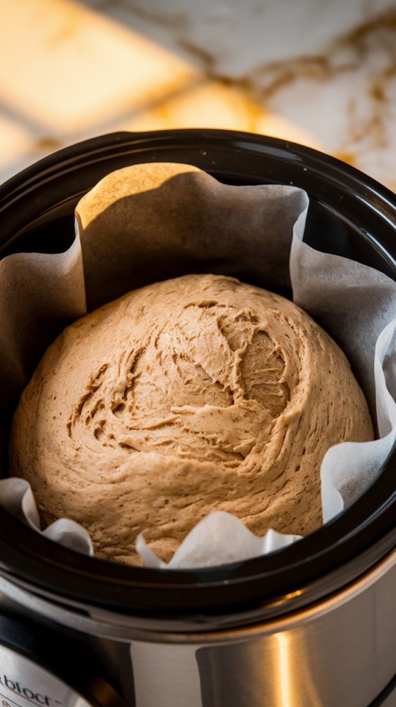 A crockpot lined with parchment paper, filled with gluten-free bread dough smoothed out evenly