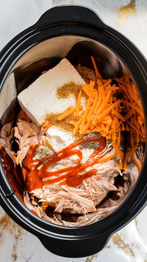 a crockpot filled with shredded chicken, a block of cream cheese, shredded cheddar, ranch dressing, buffalo sauce, and spices