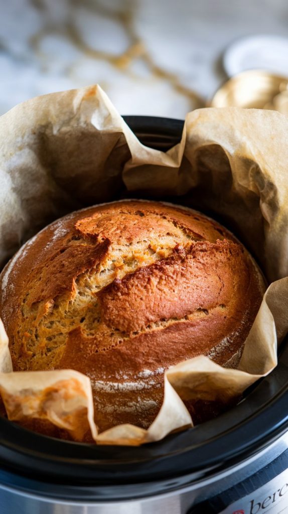 A freshly baked beer bread loaf being lifted out of the slow cooker with parchment paper