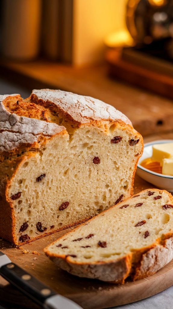 A freshly baked Irish soda bread resting on a parchment-lined cutting board