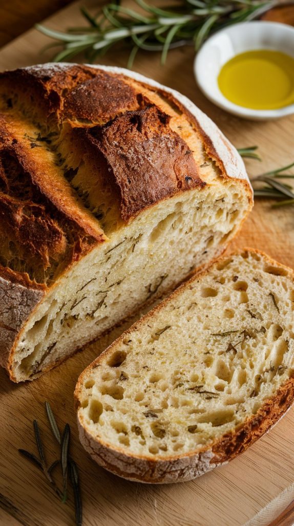 A freshly baked round loaf of rosemary olive oil bread, golden brown and crusty