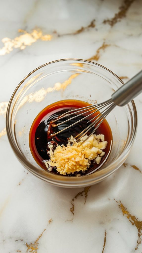 a glass mixing bowl with soy sauce, honey, brown sugar, rice vinegar, sesame oil, minced garlic, and grated ginger