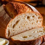 A golden-brown loaf of artisan bread with a crisp crust, sliced open to reveal a soft, airy interior