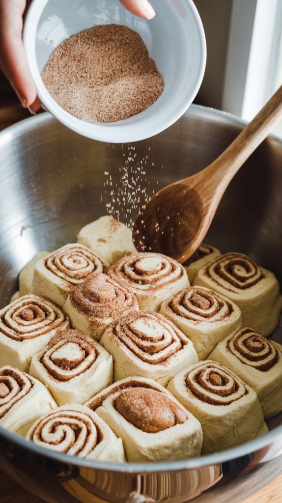 a white marble counter with a large mixing bowl filled with cinnamon roll pieces