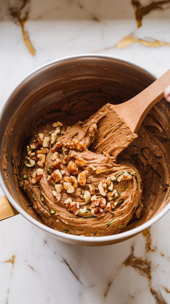 A large mixing bowl with a thick zucchini bread batter, speckled with grated zucchini and walnuts