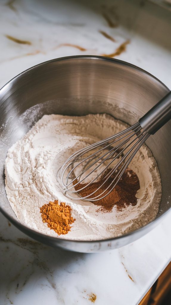 A large mixing bowl with flour, cinnamon, nutmeg, baking soda, and baking powder, all whisked together with a metal whisk