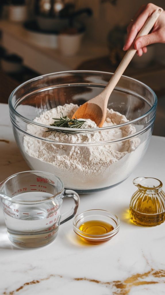 A large mixing bowl with flour, yeast, salt, and chopped rosemary being stirred together with a wooden spoon