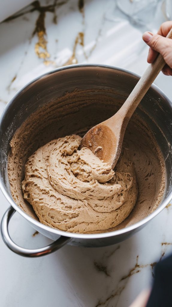 A large mixing bowl filled with gluten-free bread dough, a wooden spoon stirring the thick batter