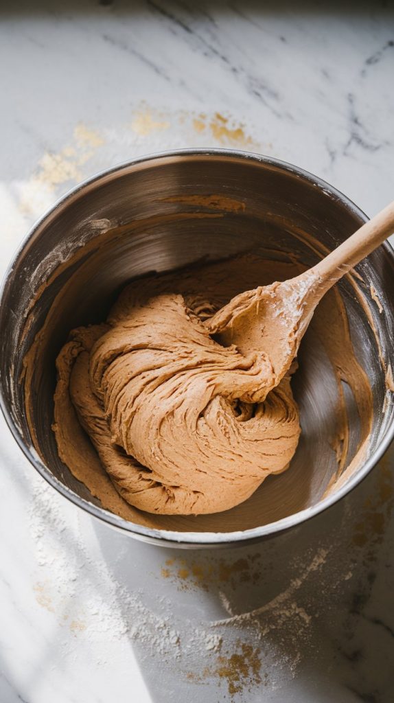 A large mixing bowl with sticky dough being mixed with a wooden spoon, flour lightly dusted around