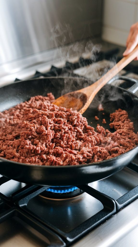 A large skillet on a modern stainless steel gas stove, filled with browned ground beef being stirred with a wooden spoon