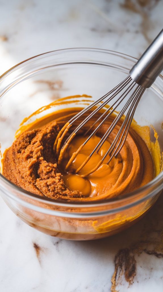 A medium glass mixing bowl with pumpkin puree, brown sugar, vegetable oil, cracked eggs, and vanilla