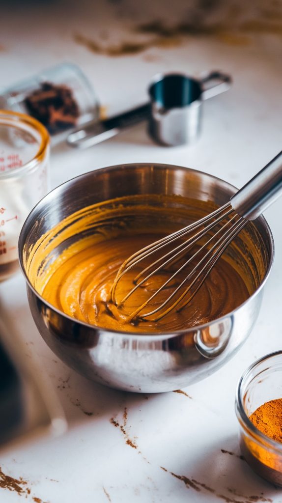 A mixing bowl filled with a creamy pumpkin-spiced custard mixture, with a whisk mid-stir