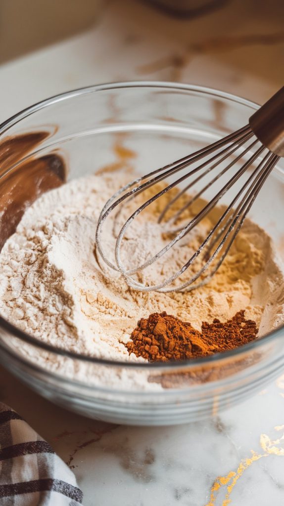 A mixing bowl filled with flour, baking soda, baking powder, salt, and cinnamon, with a whisk resting inside