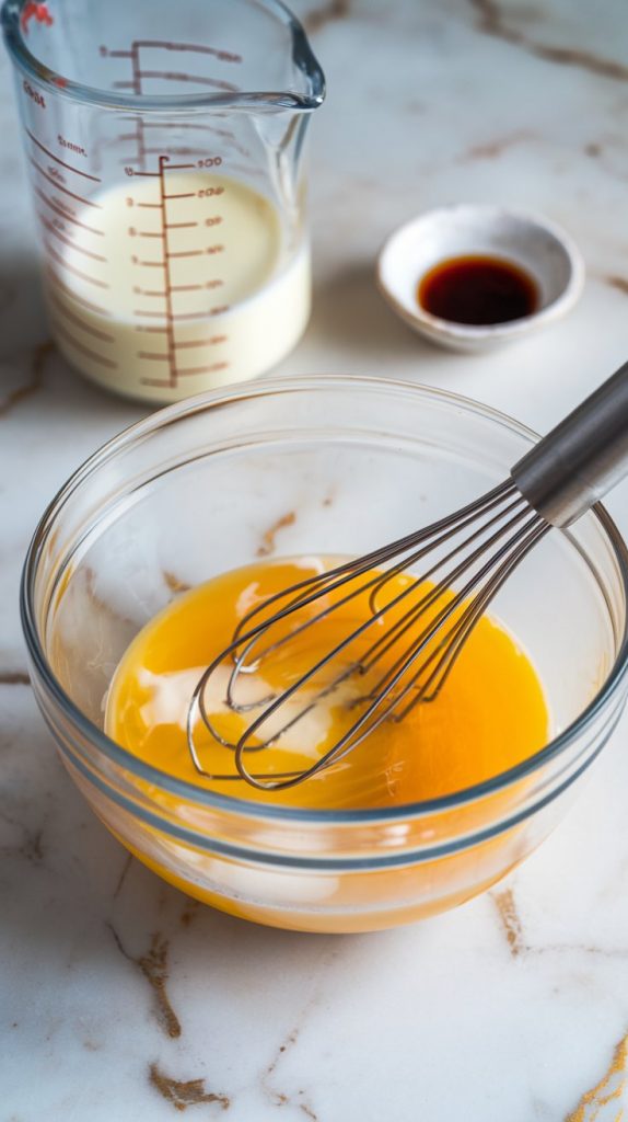 A mixing bowl with eggs, melted butter, milk, and vanilla extract being whisked together