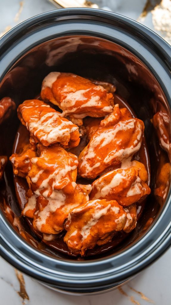 A slow cooker filled with chicken wings coated in buffalo ranch sauce, ready to cook