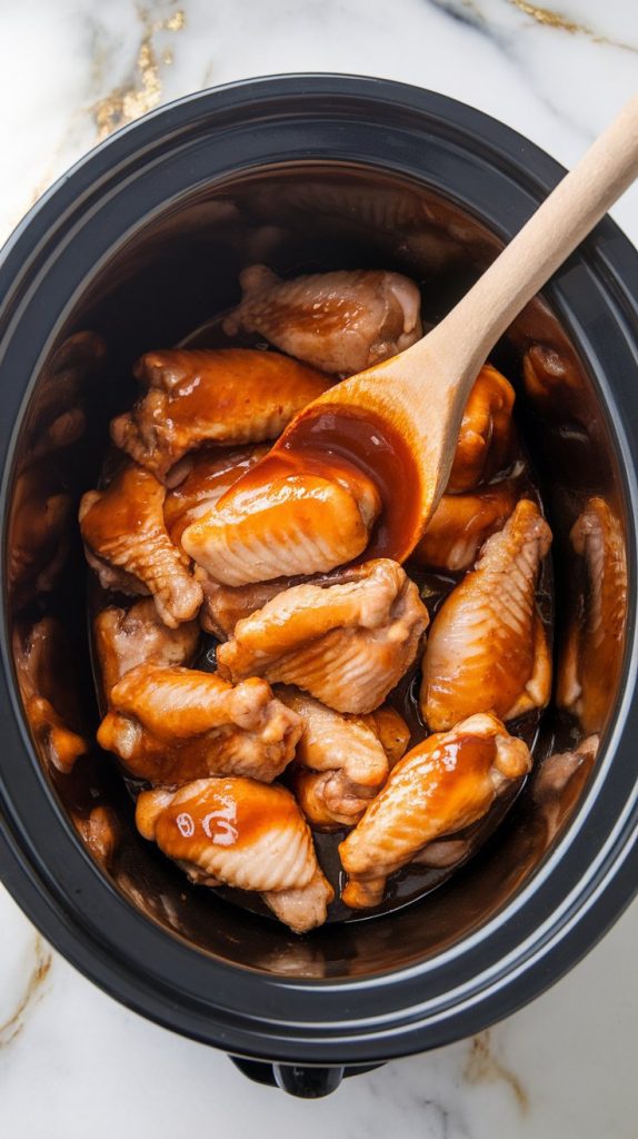 A slow cooker filled with raw chicken wings coated in a glossy teriyaki sauce