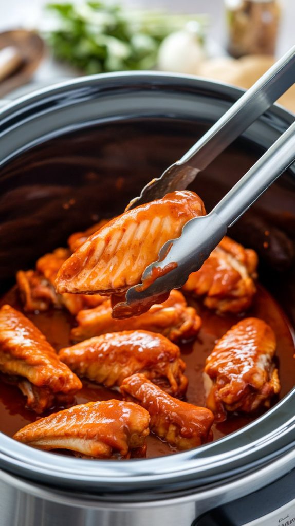 raw chicken wings inside a slow cooker, fully coated in thick sweet chili sauce