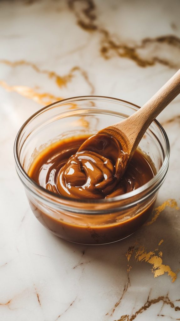 a small glass bowl with melted butter, brown sugar, and vanilla extract being stirred with a wooden spoon