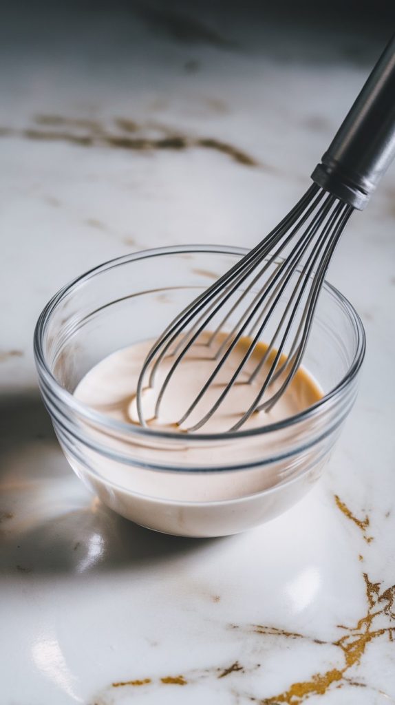 A small glass bowl with cornstarch and water being whisked together