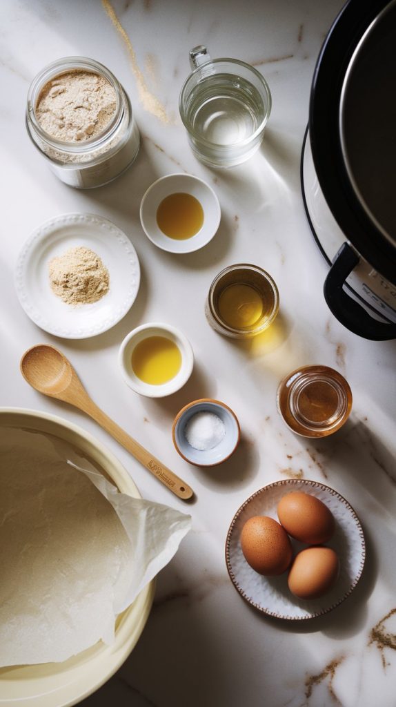 all ingredients for gluten-free bread: a bowl of gluten-free flour, a small dish of active dry yeast, a glass measuring cup with warm water