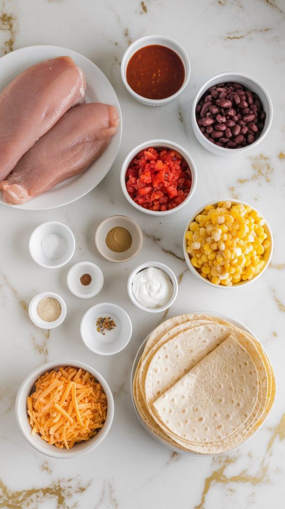 all the ingredients for Crockpot Chicken Enchilada Casserole