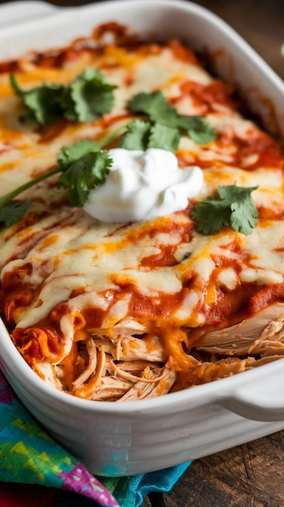 A serving of Crockpot Chicken Enchilada Casserole plated with a dollop of sour cream, fresh cilantro, and extra shredded cheese