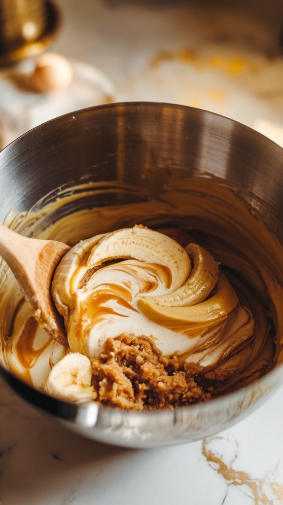 A mixing bowl with mashed bananas, melted butter, brown sugar, eggs, vanilla, and milk being stirred together with a wooden spoon