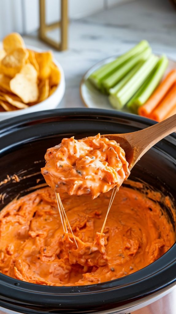 A wooden spoon lifting a scoop of creamy buffalo chicken dip from the crockpot, cheese stretching slightly