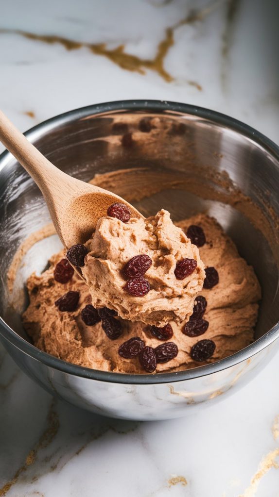 a wooden spoon stirring raisins into the cinnamon bread dough