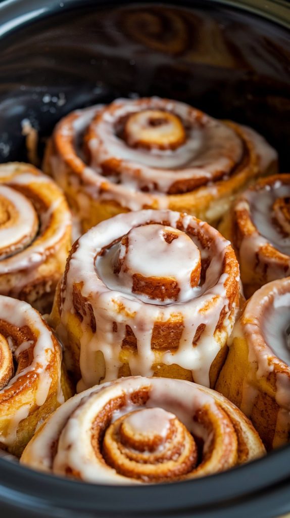 a warm cinnamon roll monkey bread in a slow cooker, freshly drizzled with icing