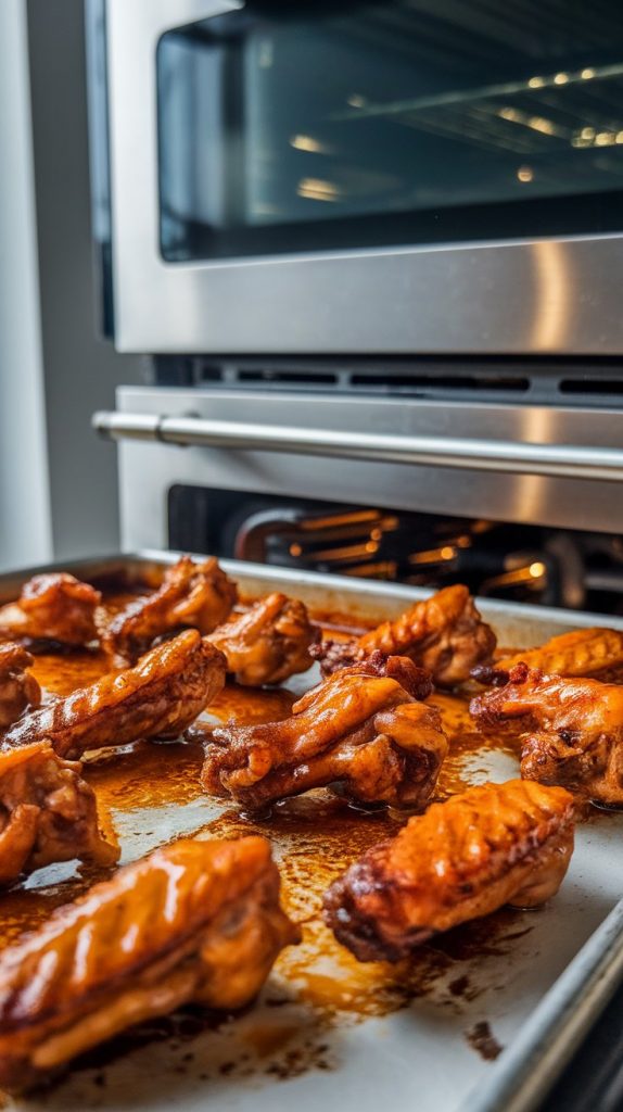 caramelized sweet chili chicken wings on a baking sheet, glistening under the oven’s broiler light