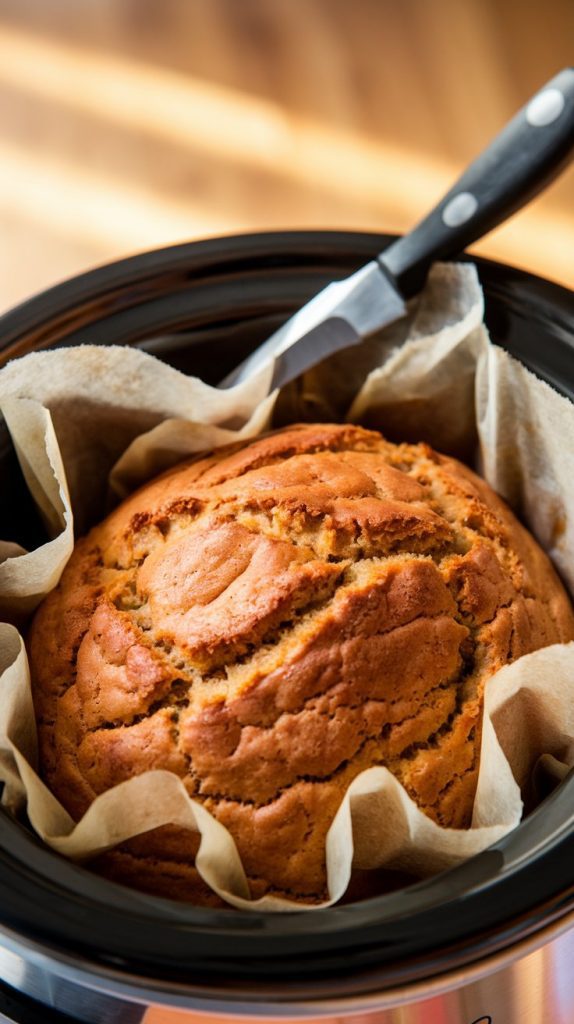 Freshly cooked banana bread being lifted from the crockpot using parchment paper