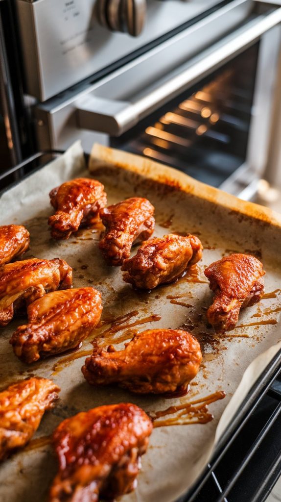 Golden-brown chicken wings on a baking sheet under the broiler, sizzling and caramelizing