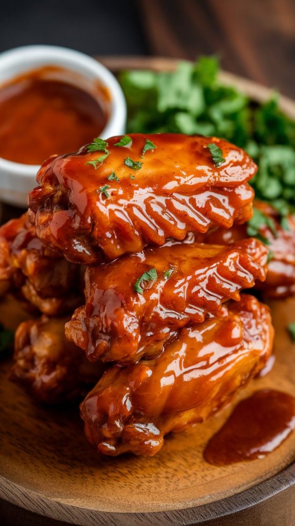 A rustic wooden plate piled high with honey BBQ chicken wings, glistening with a thick, caramelized glaze