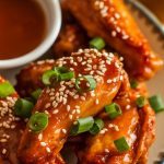 honey garlic chicken wings on a serving plate, garnished with sesame seeds and chopped green onions