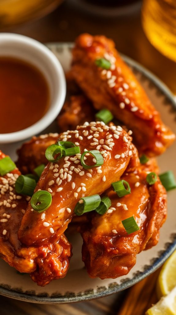 honey garlic chicken wings on a serving plate, garnished with sesame seeds and chopped green onions