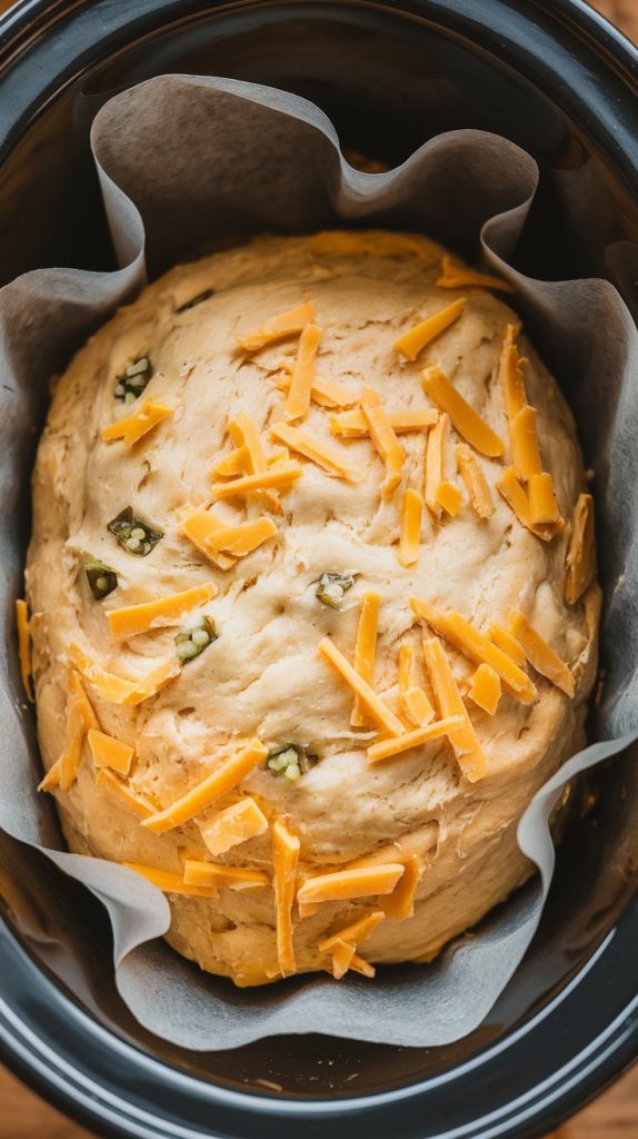 cheddar jalapeño bread dough placed in a parchment-lined slow cooker, ready to cook