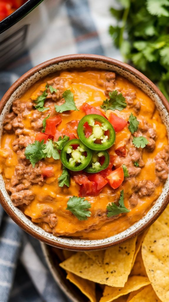 A bowl of hot, cheesy Velveeta queso dip, with tortilla chips arranged around it