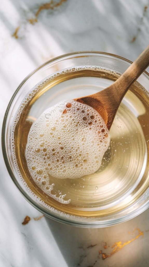 A glass bowl with warm water, sugar, and yeast, bubbling and foamy