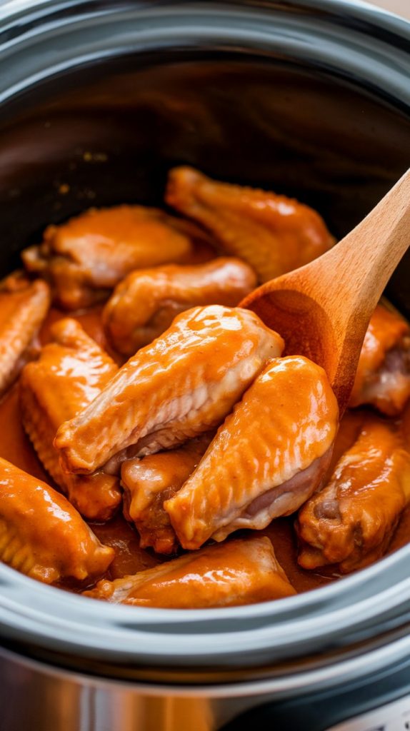 a slow cooker filled with raw chicken wings coated in thick, glossy orange sauce